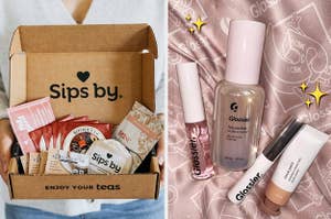 A split thumbnail of a box of tea and various Glossier products