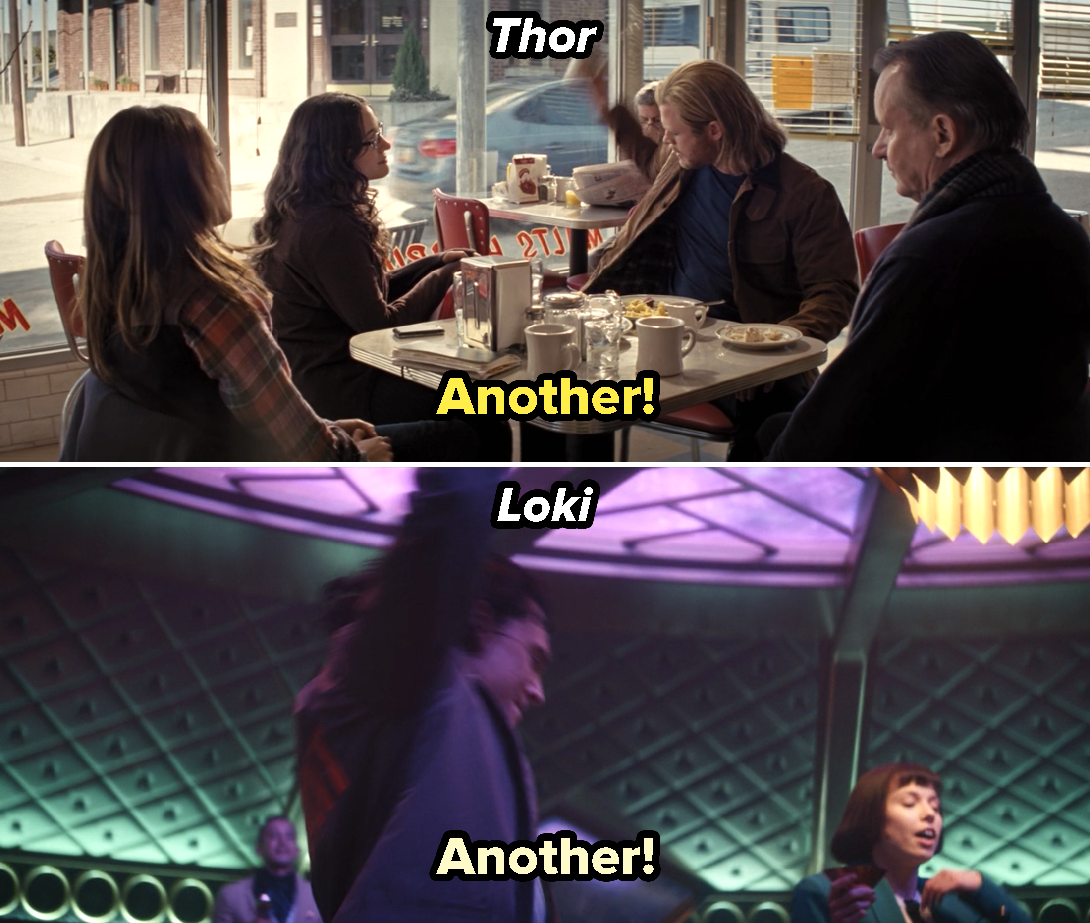 Thor and Loki yelling, &quot;Another,&quot; as they smash their cups