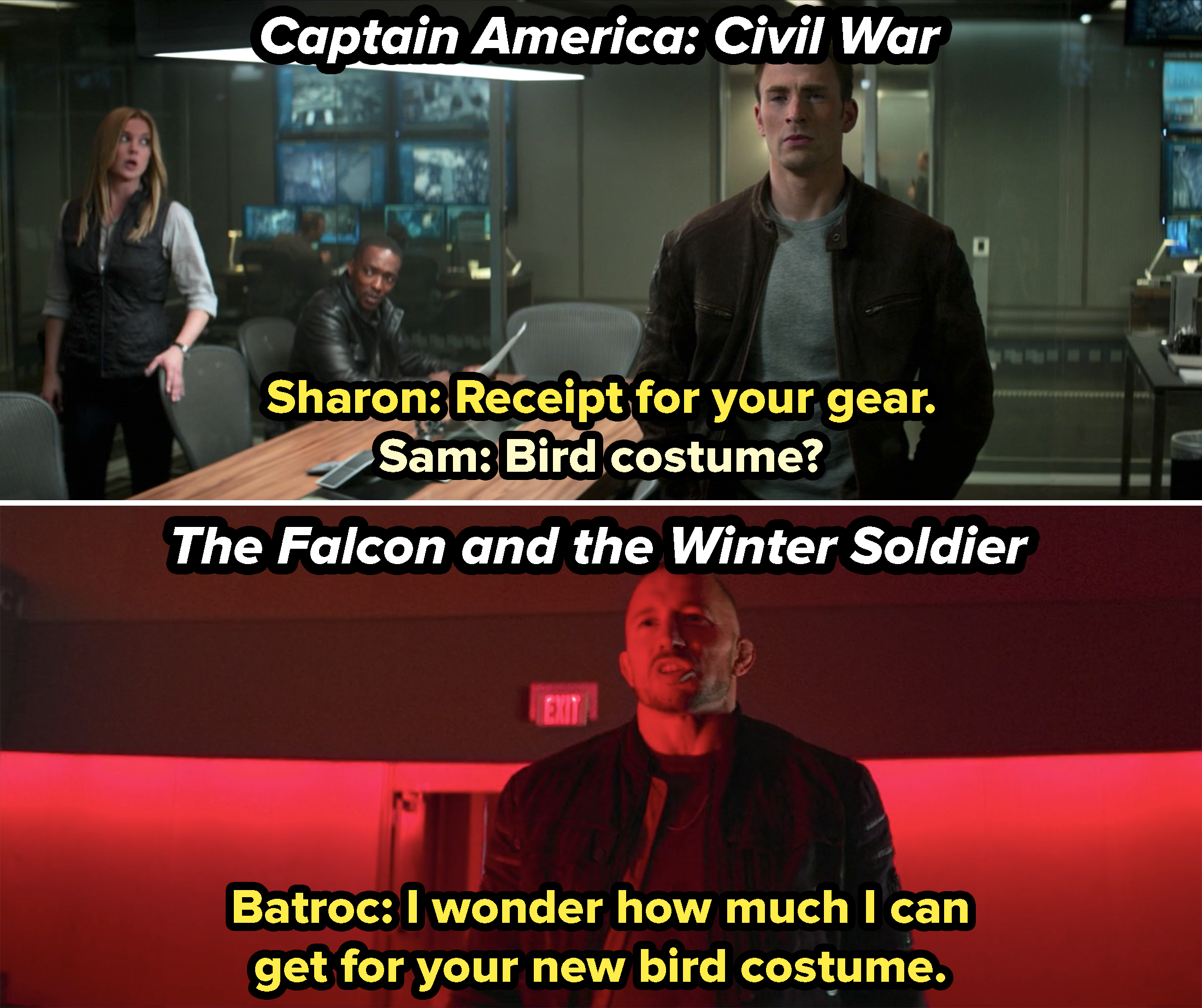 Sam receiving a receipt for his gear that says &quot;bird costume&quot; in Civil War and Batroc saying, &quot;I wonder how much I can get for your new bird costume&quot; in Falcon and the Winter Soldier