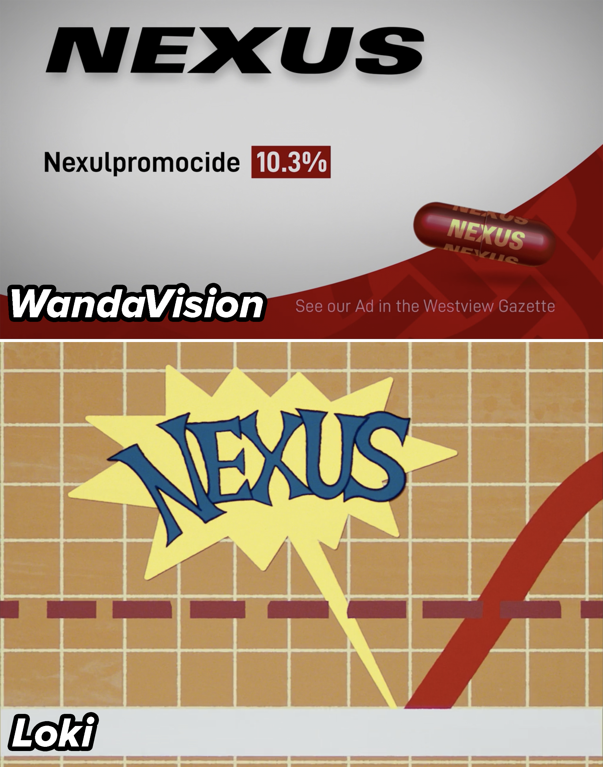 A commercial for Nexus antidepressants and an infographic explaining Nexus events