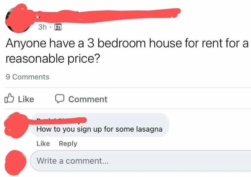 person replying how to sign up for some lasagna on a post