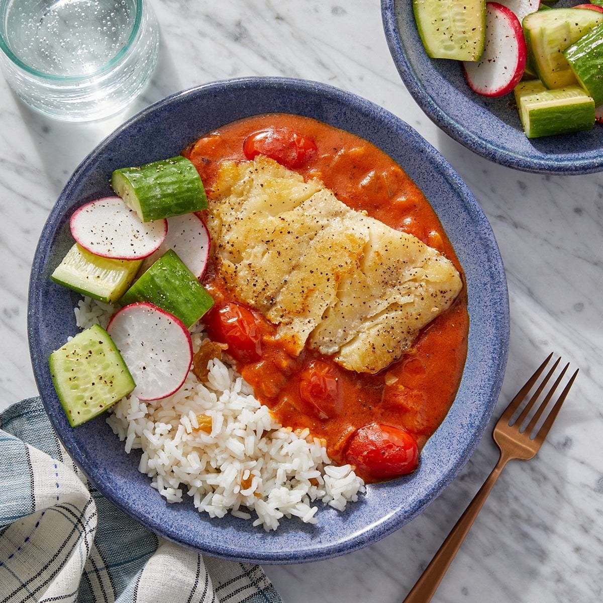 Tomato-Coconut Cod Curry with White Rice &amp; Marinated Vegetables