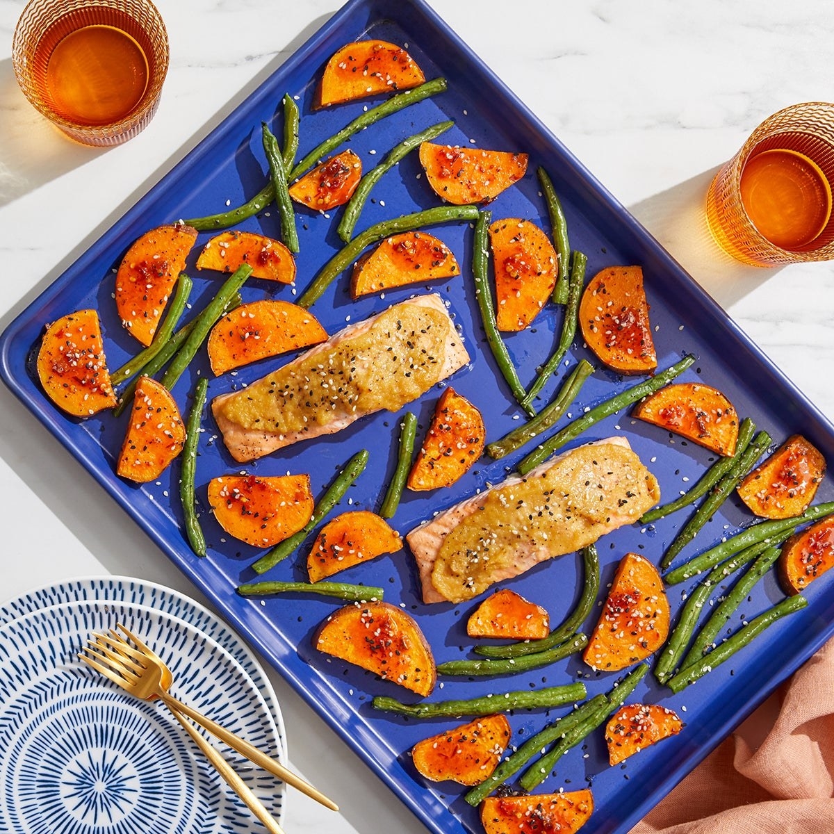 Sheet Pan Miso-Ginger Salmon with Spicy Sweet Potatoes &amp; Green Beans
