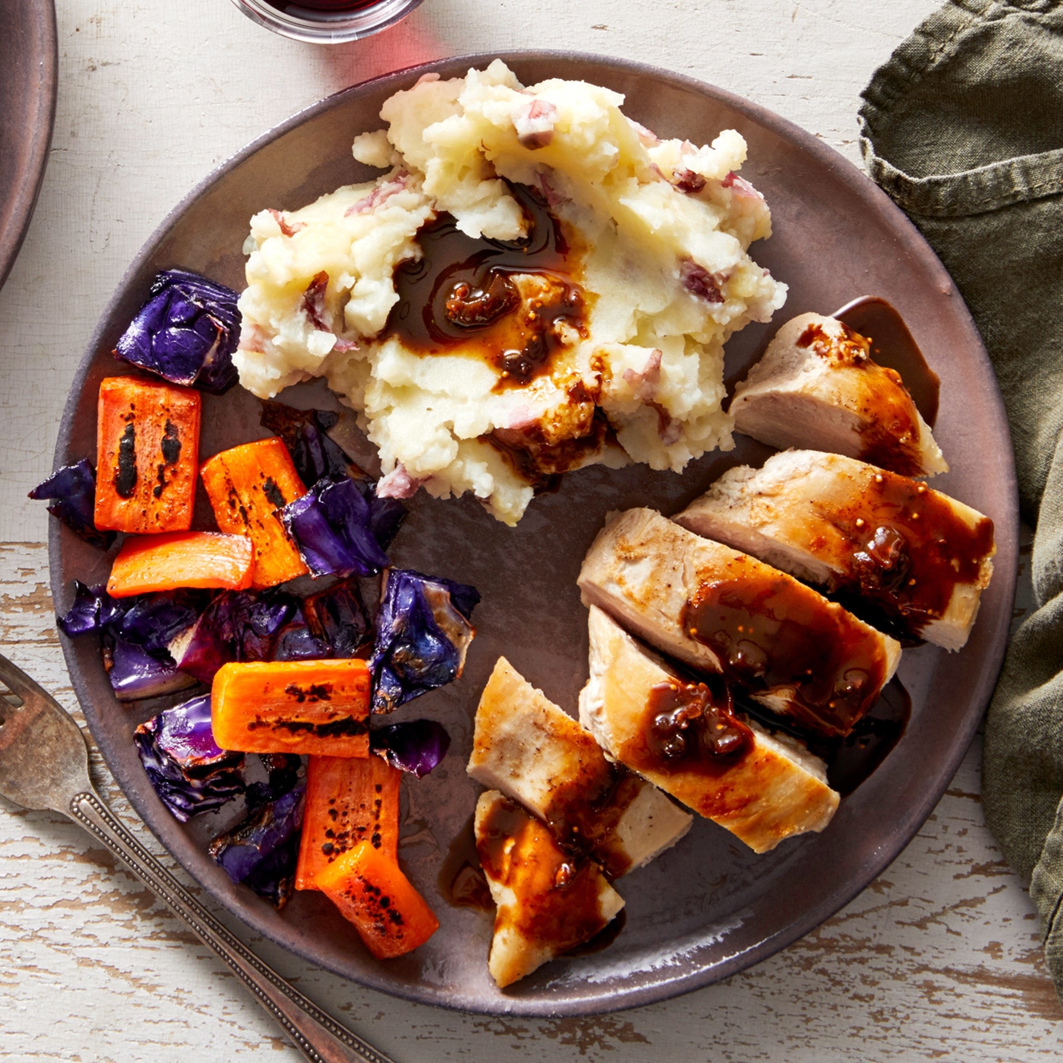 Fig-Balsamic Chicken &amp; Mashed Potatoeswith Roasted Cabbage &amp; Carrots