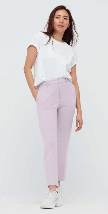 Model wearing light purple pants