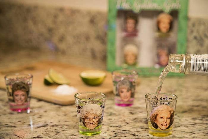 The shot glasses with the golden girls&#x27; faces on them