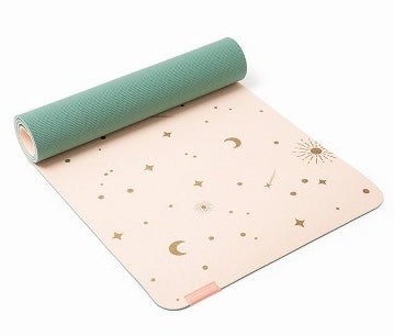 the mat with star and moon patterns all around and teal on the bottom