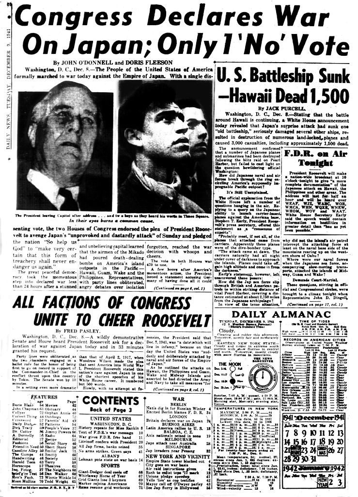 newspaper saying US declared war on Japan