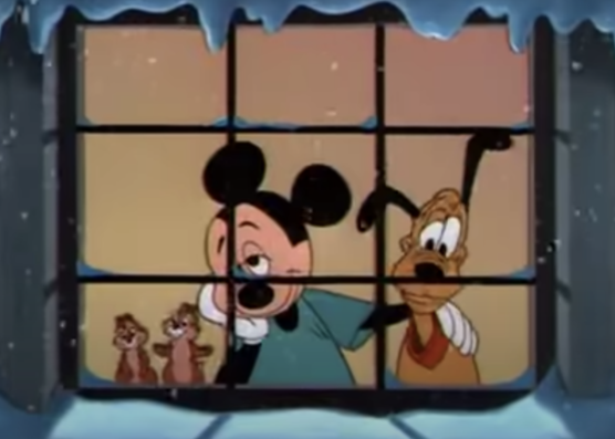 Pluto and Mickey at the window while it snows