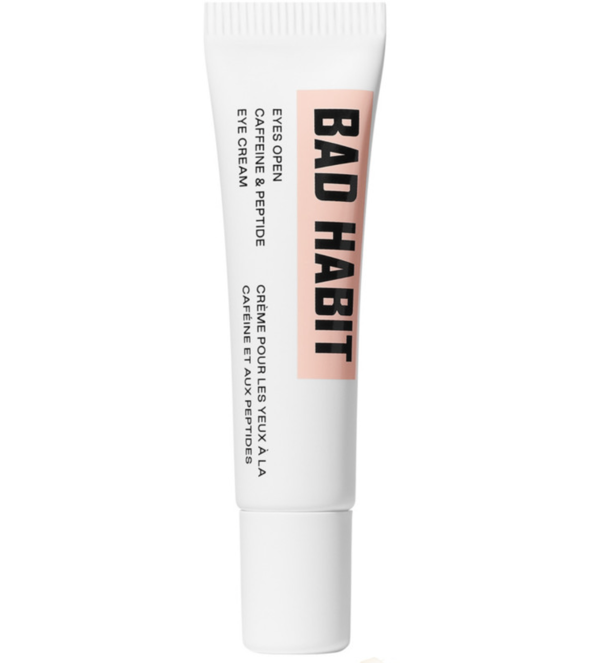 White and pink bottle of eye cream that says &quot;Bad Habit&quot;