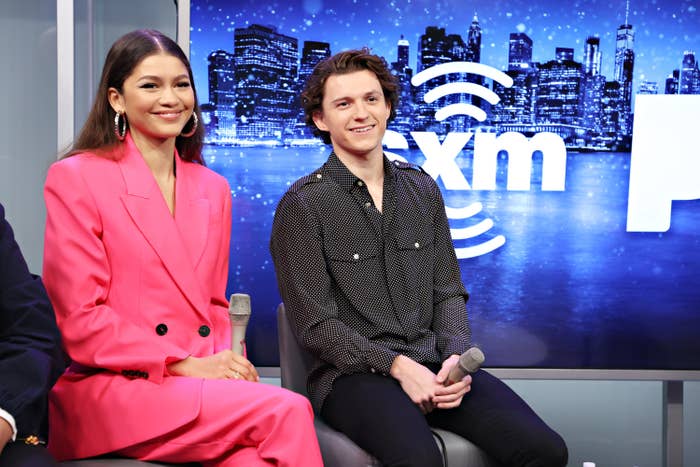 Zendaya sits on the left next to Tom for an interview