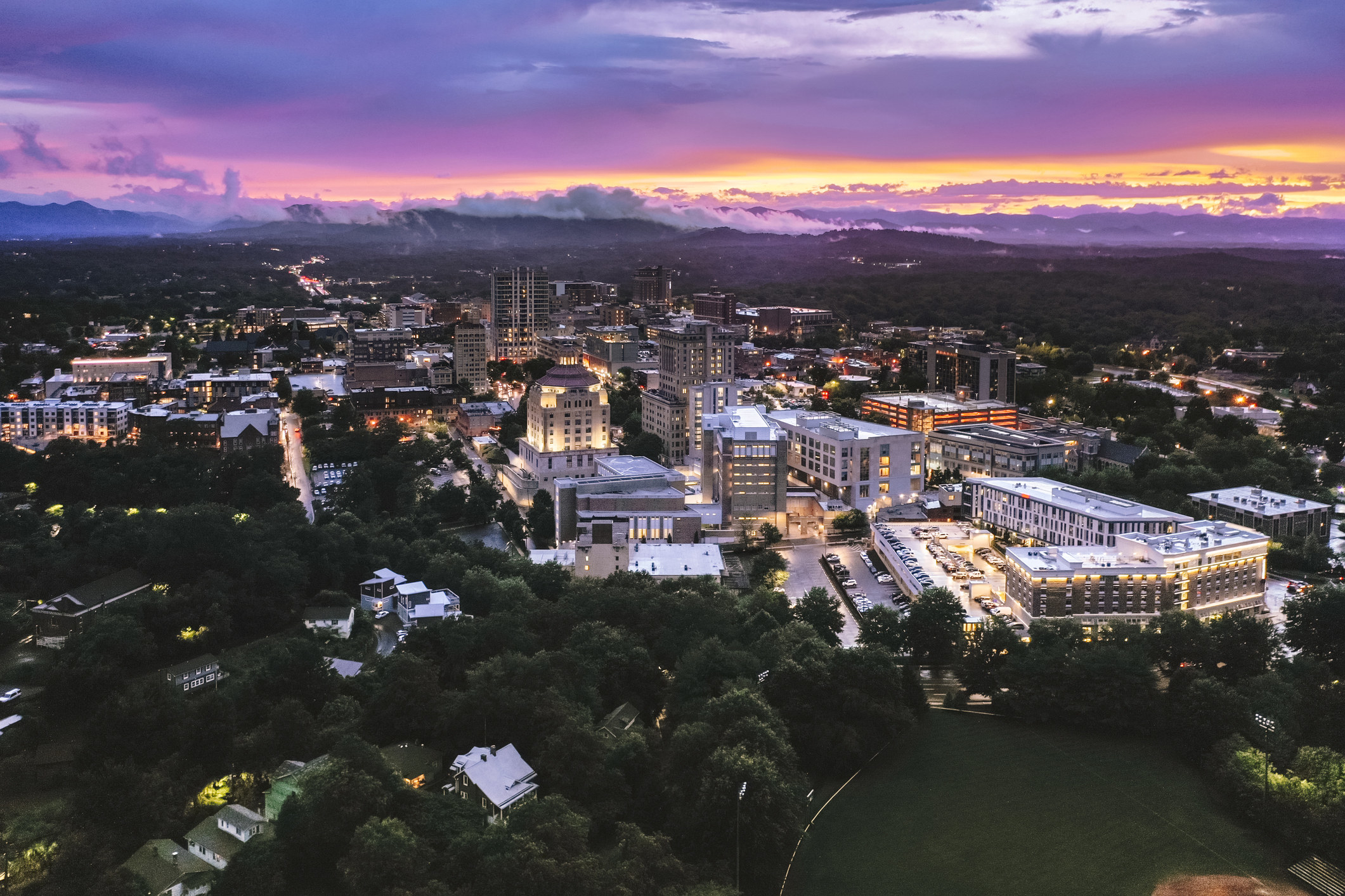 A cityscape at sunset