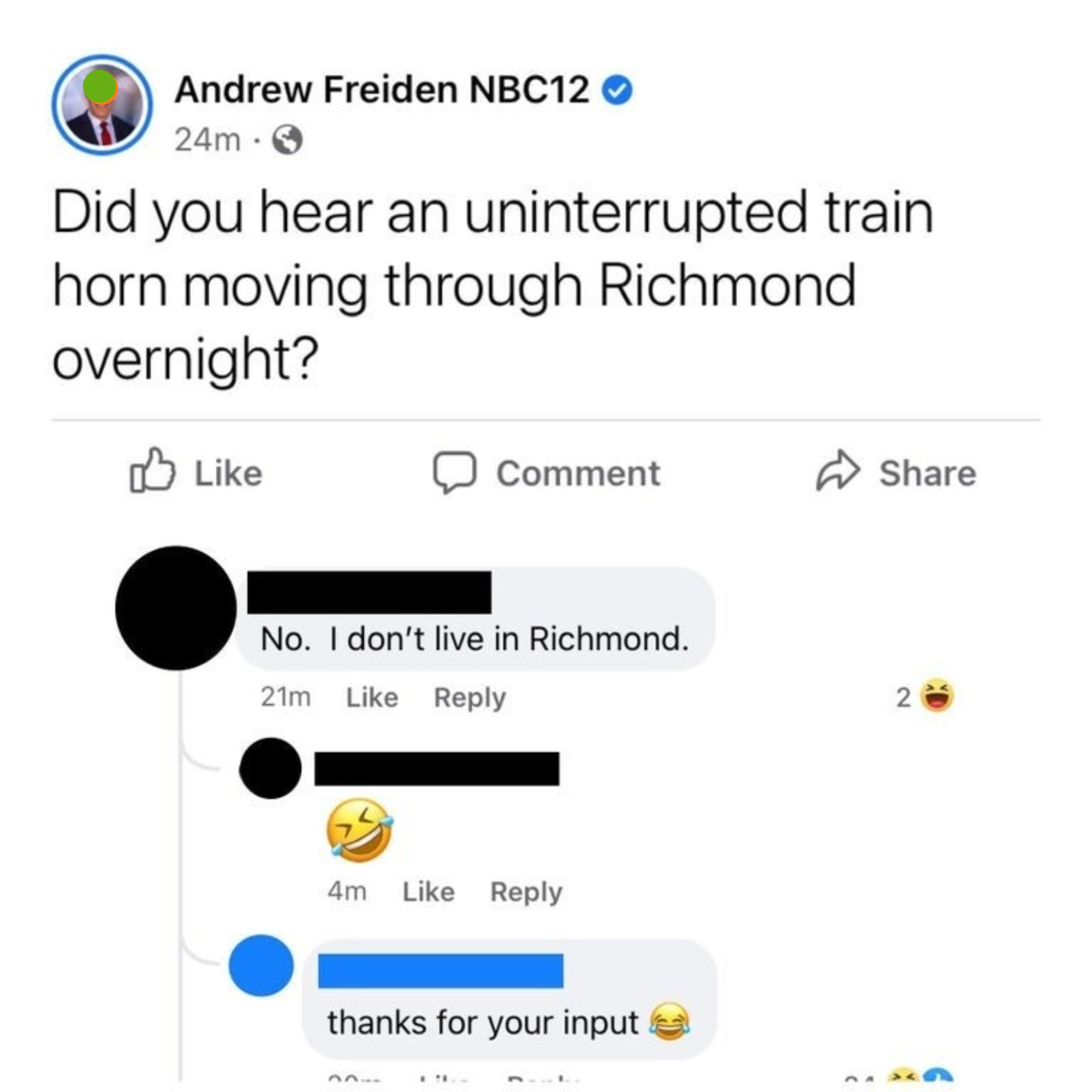 news person asking if anyone heard a train in richmond and someone replies i don&#x27;t live in richmond