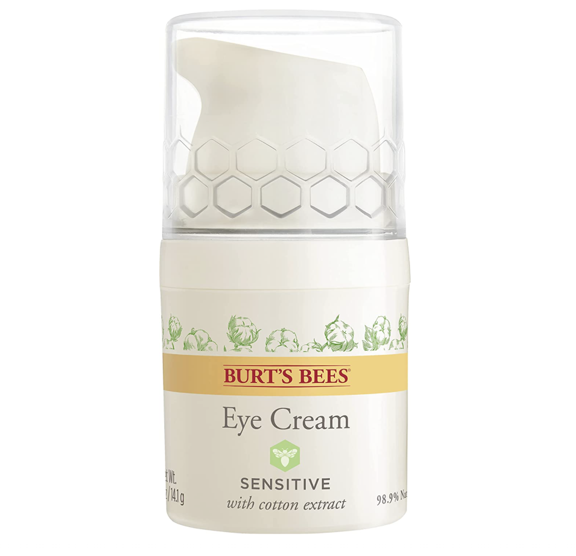 Green, white, and yellow bottle of eye cream that says &quot;Burt&#x27;s Bees eye cream sensitive with cotton extract&quot;