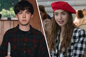 James from "The End of the F***ing World" sits on a couch with a knife and Emily Cooper from "Emily in Paris" wears a plaid jacket and brightly colored beret