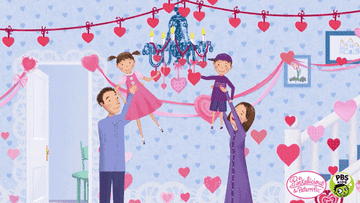 GIF of a family in Valentine&#x27;s Day-decorated house in the show &quot;Pinkalicious &amp;amp; Peterrific&quot;