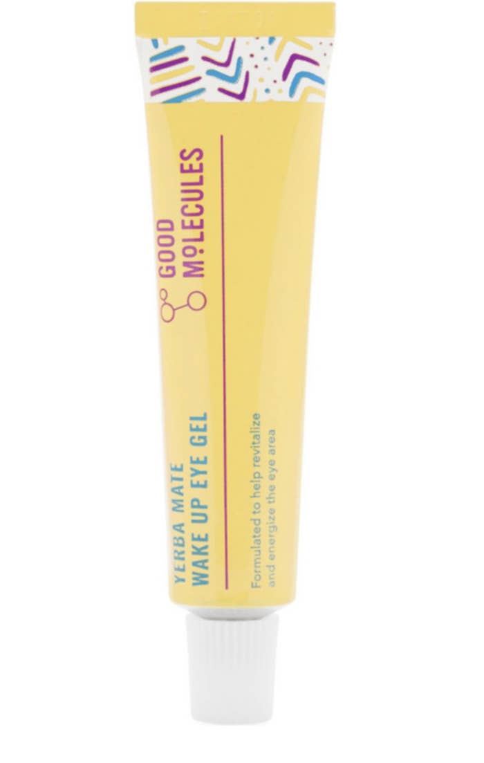 Yellow, blue, and pink bottle of Good Molecules eye gel