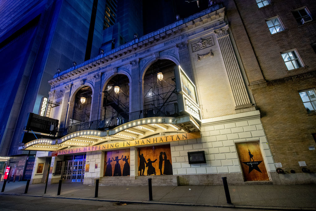 The outside of the theater on Broadway where Hamilton is performed