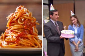 On the left, some spaghetti with marinara sauce and mozzarella cheese, and on the right, Michael and Pam from The Office wearing party hats and holding a birthday cake
