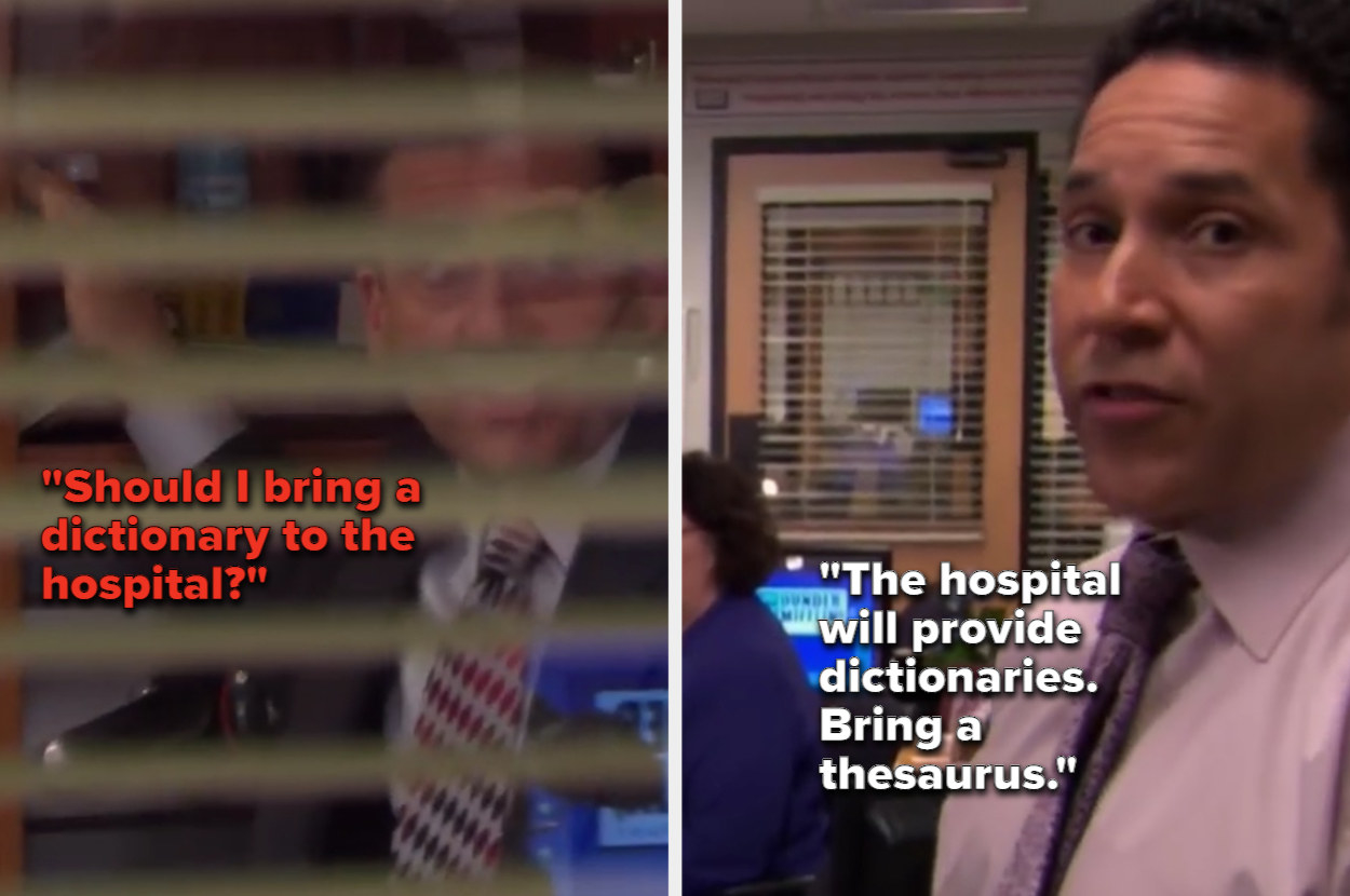Oscar mocks Michael for thinking it&#x27;s necessary to bring a dictionary with him to the hospital as Pam is about to deliver her first child with Jim