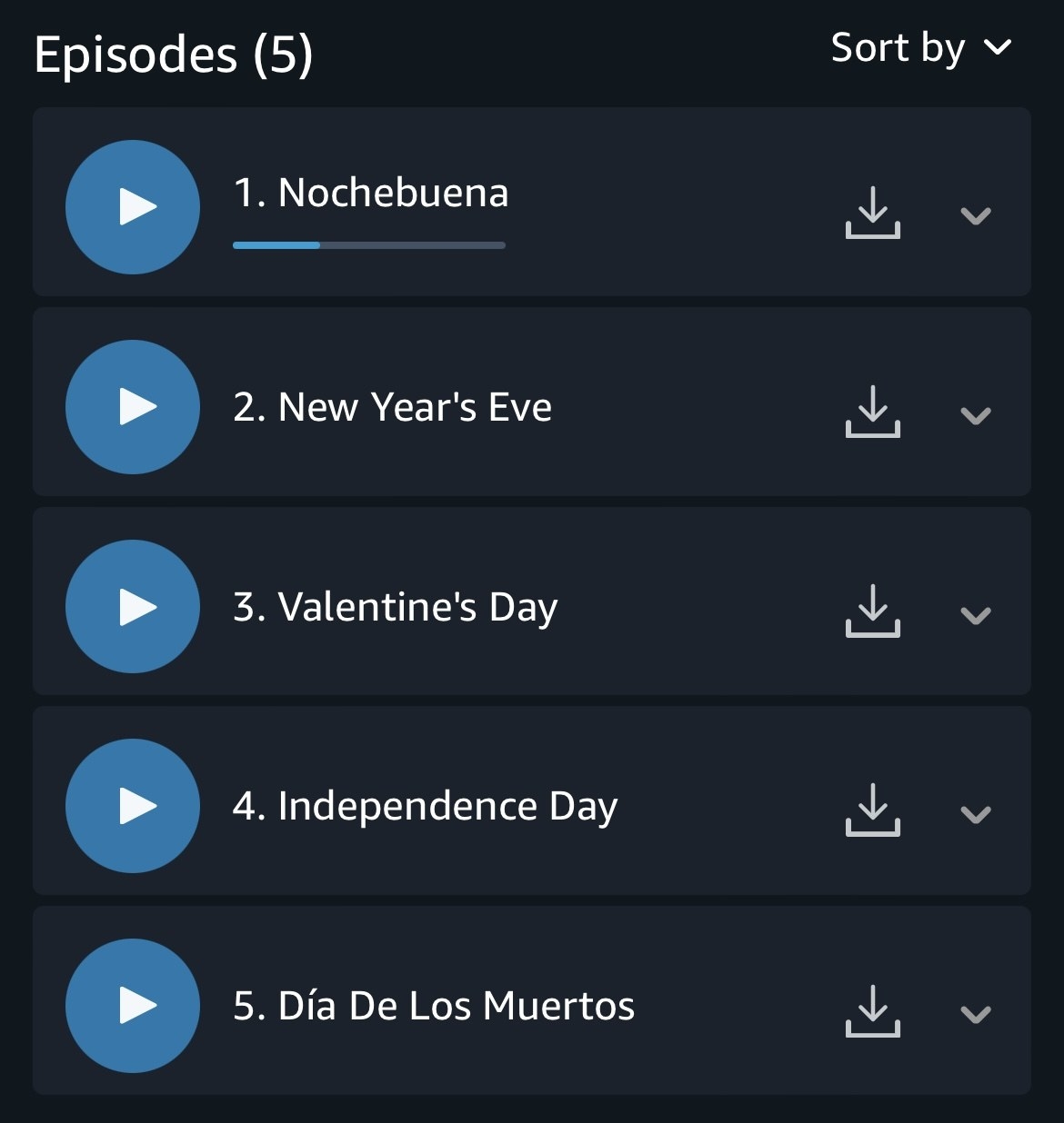 The titles of each episode, which are: &quot;Nochebuena, New Year&#x27;s Eve, Valentine&#x27;s Day, Independence Day, and Dia de los Muertos&quot;