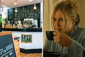 On the left, a modern coffee chop with Edison bulbs and chalkboards, and on the right, Jennifer Coolidge sipping some tea as Tanya on White Lotus