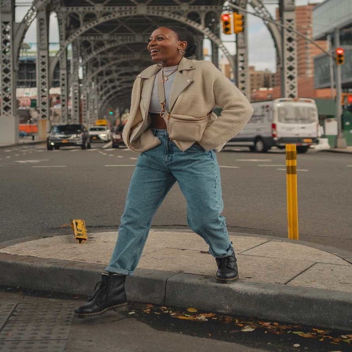 model wearing the black boots