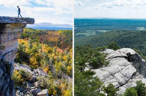悬崖:秋天俯瞰森林的岩石悬崖;白色山顶的鸟瞰图