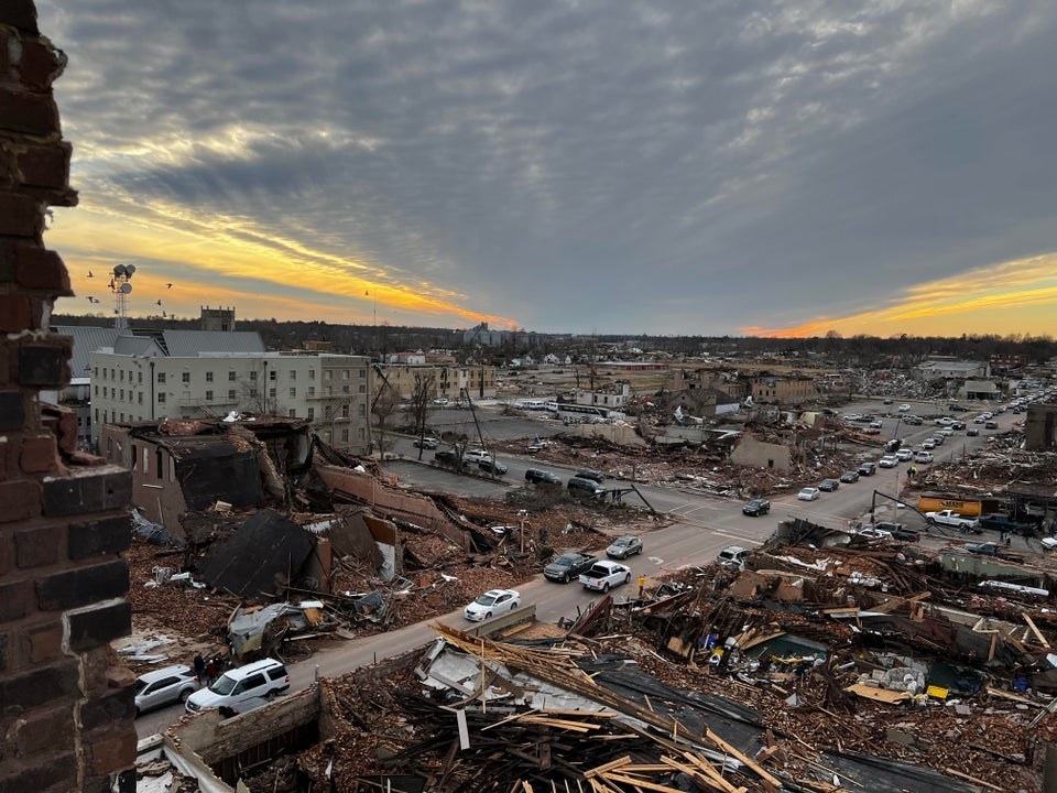 A bird&#x27;s-eye view of several blocks of destroyed homes