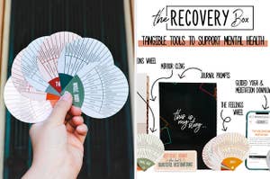 A feelings wheel featured next to all of the Recovery Box products