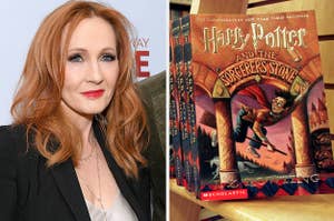 Photos of J.K. Rowling and the first Harry Potter book