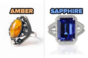 On the left, a ring with an amber stone, and on the right, a sapphire ring with diamonds around the sapphire