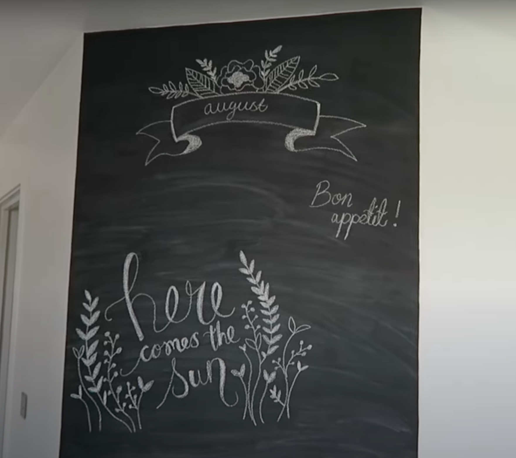 Large chalkboard wall with various text written on it
