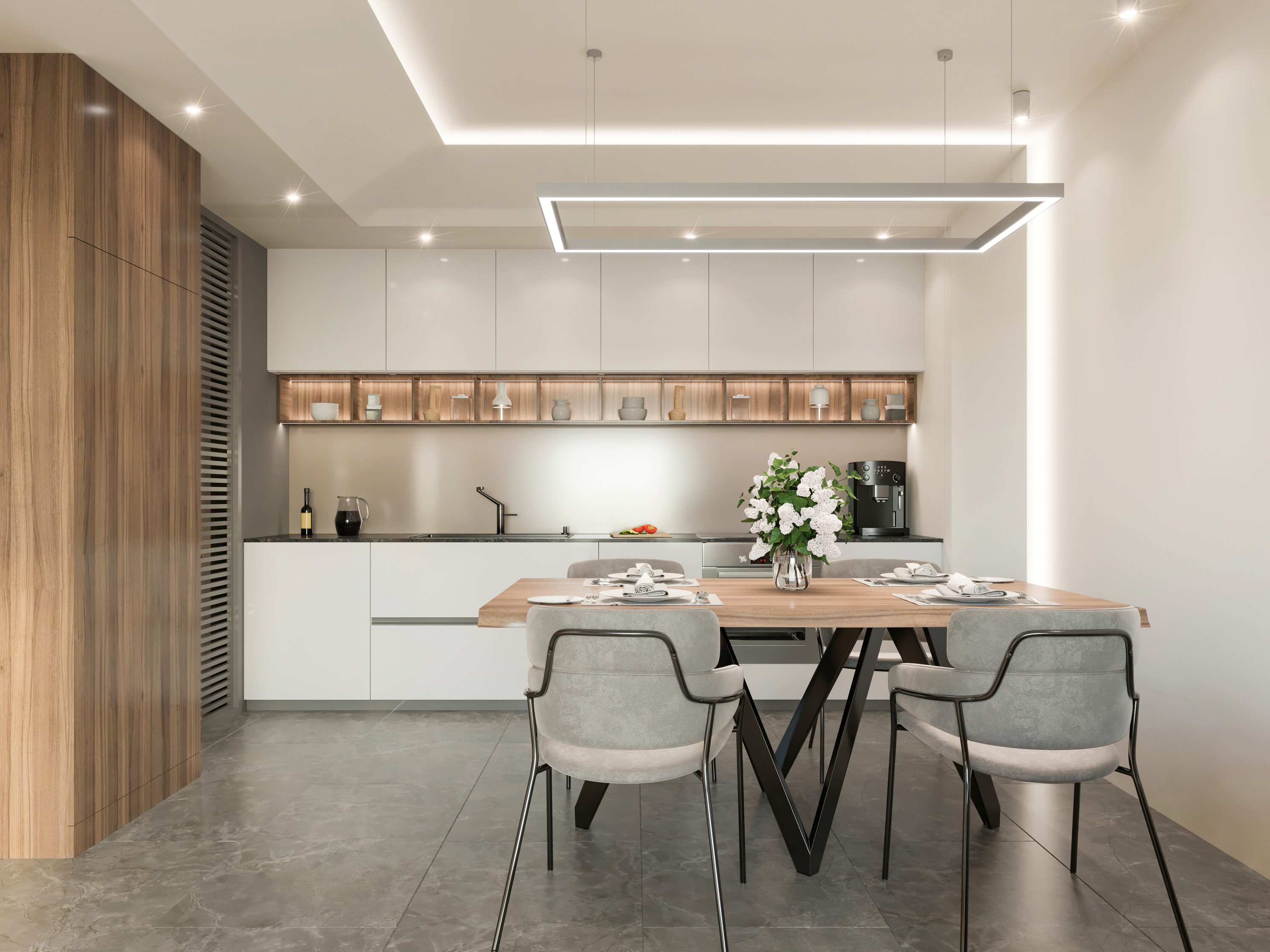 Concrete floor in a white kitchen