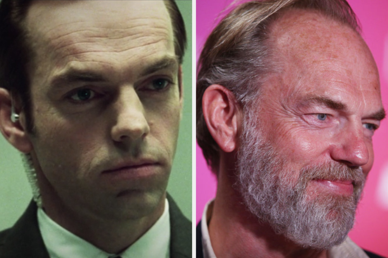 Agent Smith dressed in a suit with an ear device, Hugo Weaving smiling with a beard and longer hair