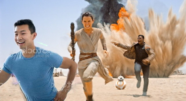 Photoshopped Simu Liu runs ahead of Daisy Ridley as Rey and John Boyega as Finn outrunning an explosion in &quot;Star Wars: The Force Awakens&quot;
