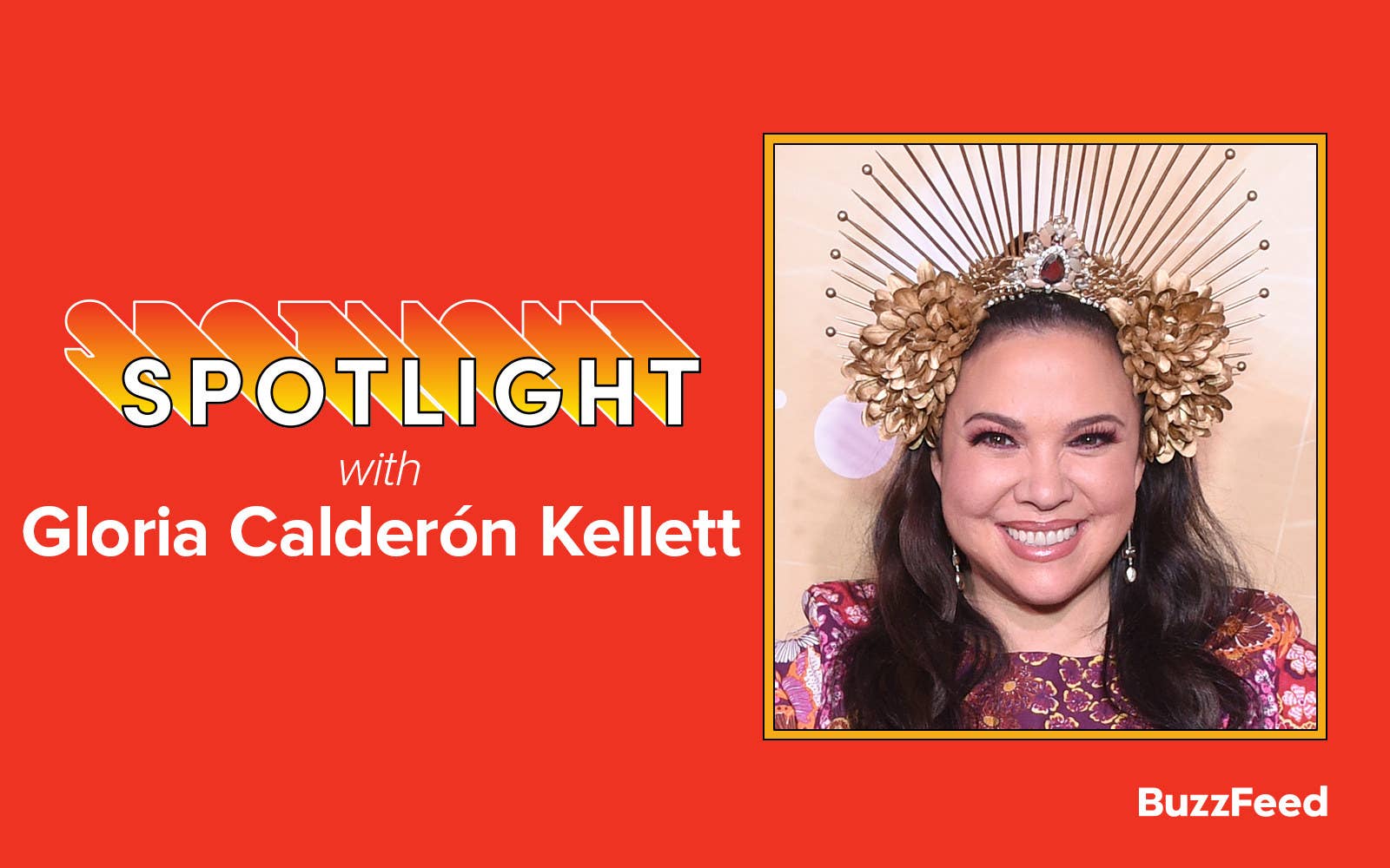 Spotlight title card with Gloria Calderon Kellett on the With Love red carpet