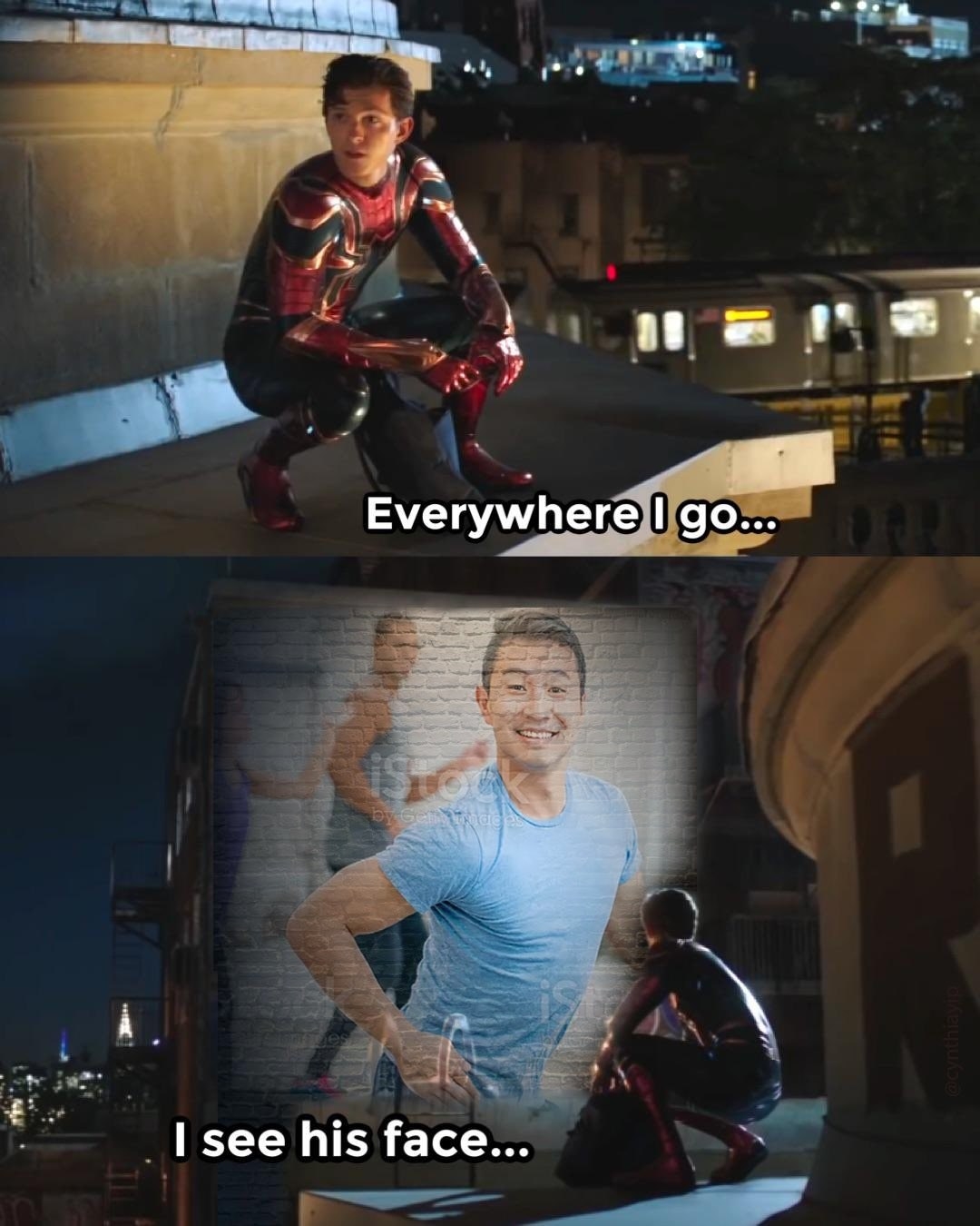 Tom Holland as Spider-Man &quot;Spider-Man Far From Home&quot; with Simu photoshopped in as one of Spider-Man&#x27;s memories