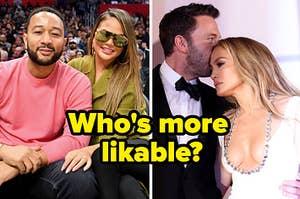 Chrissy Teigan and John Legend are on the left with J.Lo and Ben Affleck on the right labeled, "Who's more likable?"