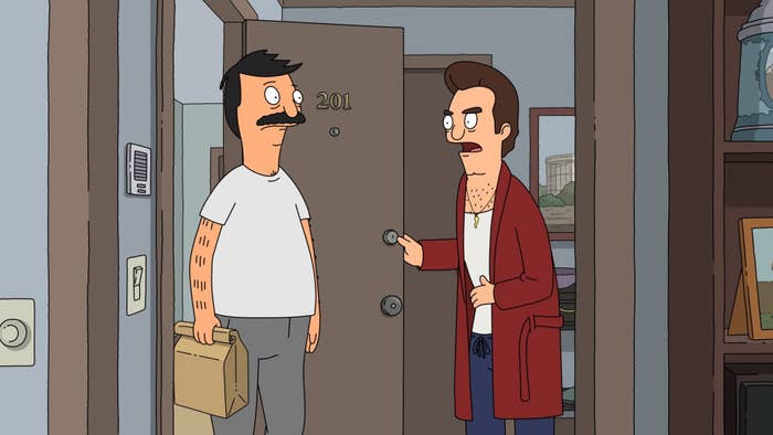 Jimmy Pesto opening his apartment door and Bob standing on the other side