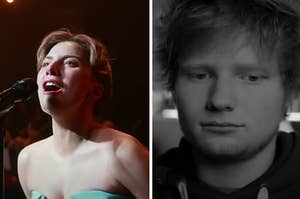 Lady Gaga is on the left singing into a mic with Ed Sheeran looking down on the right