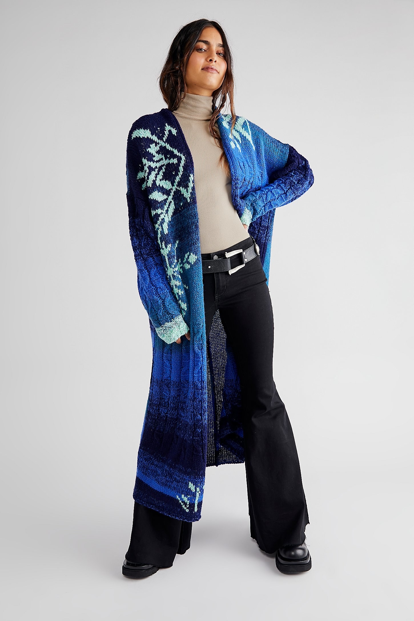 model wearing the blue cardigan