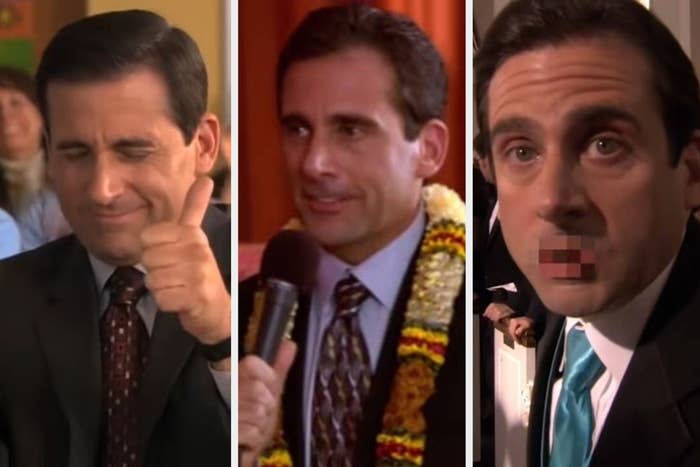 Michael holding his thumb up in &quot;The Office&quot;/Michael with a microphone at Diwali in &quot;The Office&quot;/Michael talking to the camera in &quot;The Office&quot;