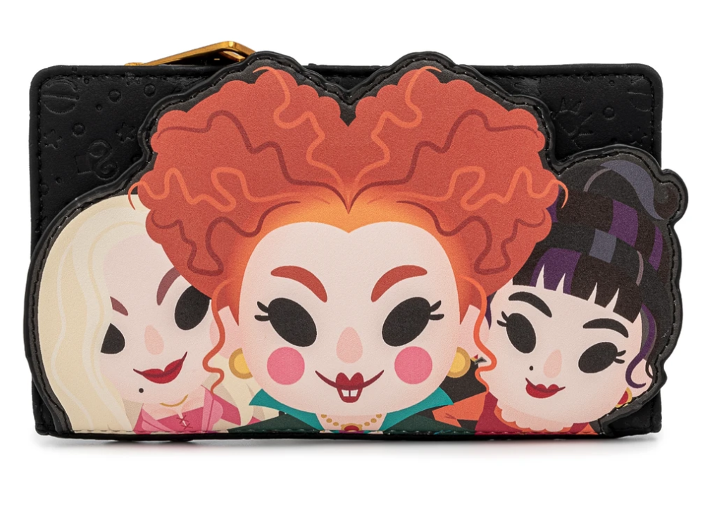 A flap wallet with cartoon versions of the Sanderson sisters on it