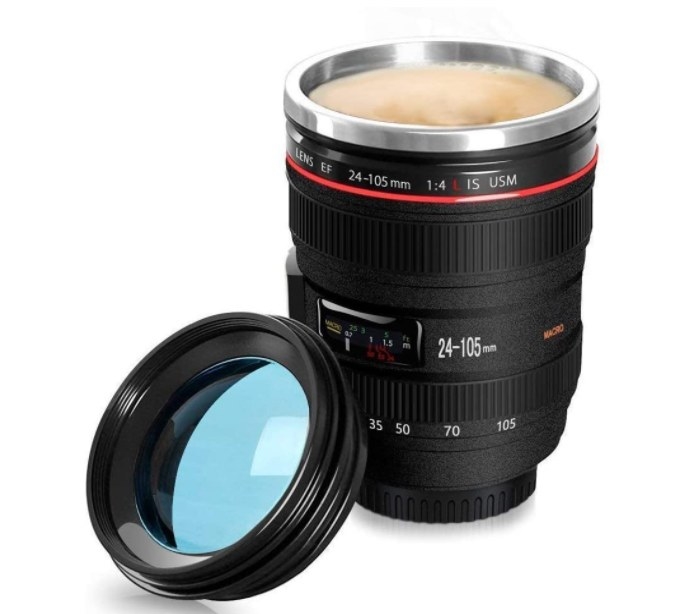 Termo de café con diseño de lente de cámara