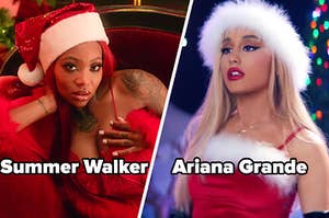 Summer Walker on the left, and Ariana Grande on the right in Christmas attire.