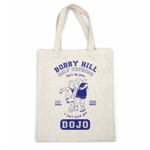tan tote bag that has bobby hill from king of the hill kicking a bully in the groin with the words bobby hill self defense dojo