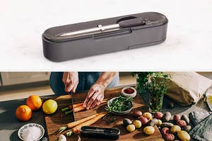 On the top is the Yummly Smart Thermometer and on the bottom is a cutting board covered in food and the Yummly Smart Thermometer