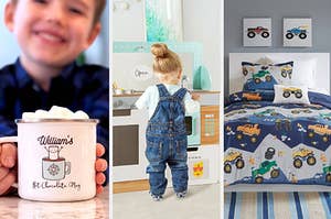 kid with hot chocolate mug, kid playing with toy kitchen, truck bedding