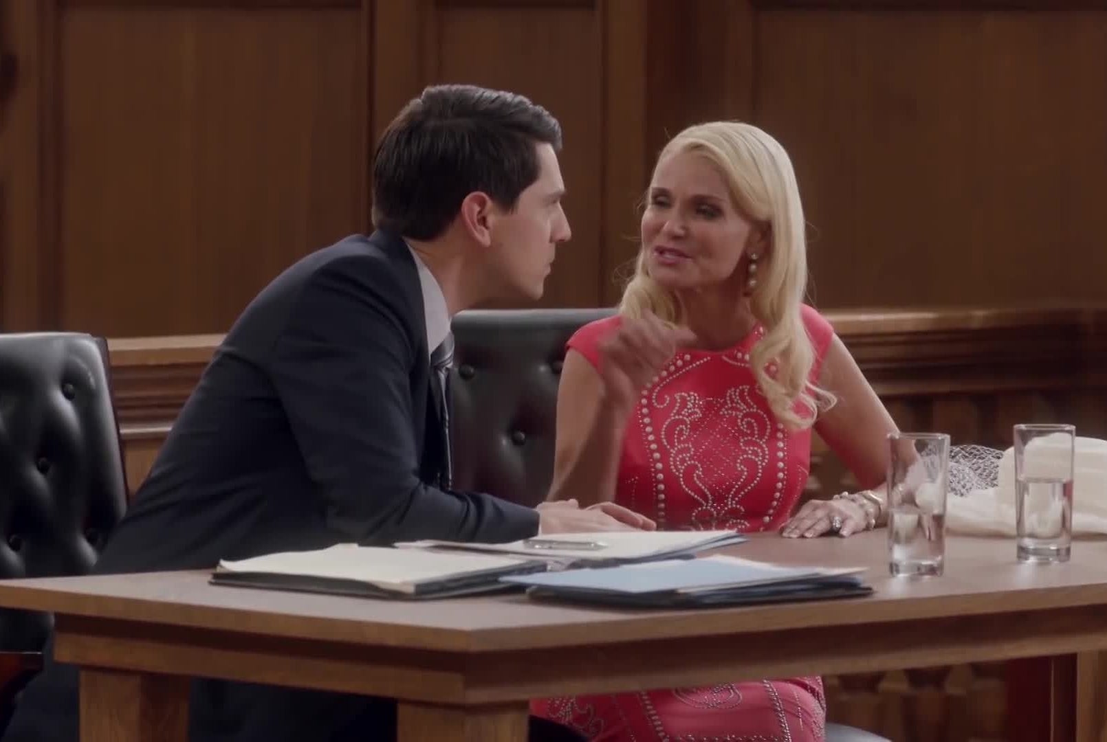 Lavinia and Josh chat during a court scene in &quot;Trial and Error&quot;